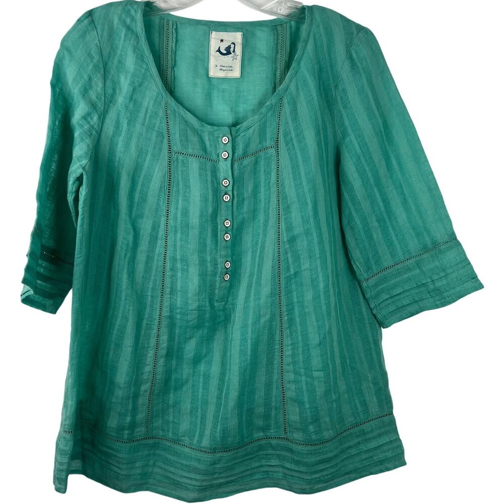 Anthropologie Mermaid Women's Linen Top Sea Green/Teal Flowy 3/4 Sleeves Size S